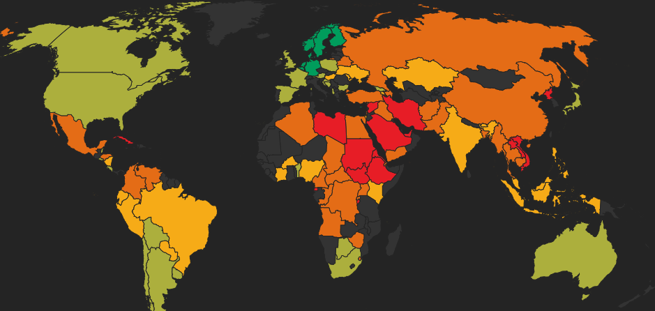 Map of the world depicting where civic freedoms are threatened